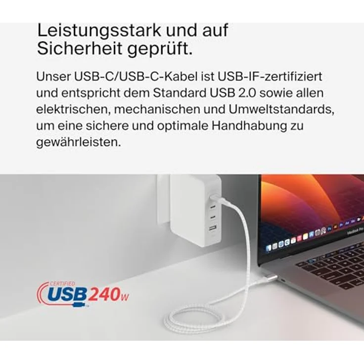 Belkin BoostCharge USB-C-auf-USB-C-Ladekabel, 1 m, Schnellladekabel mit 240 W Power Delivery, USB-IF-zertifiziert, kompatibel mit MacBook Pro, Chromebook, Samsung Galaxy, iPad usw. – Weiß – Bild 4