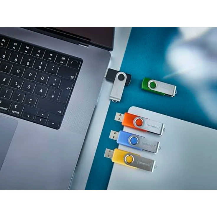 Intenso Basic Line 5X 32 GB USB-Sticks USB 2.0 mit Beschriftungsetiketten, 5er Pack, Gelb, Grün, Schwarz, Blau + Orange, silberner Metallbügel – Bild 3