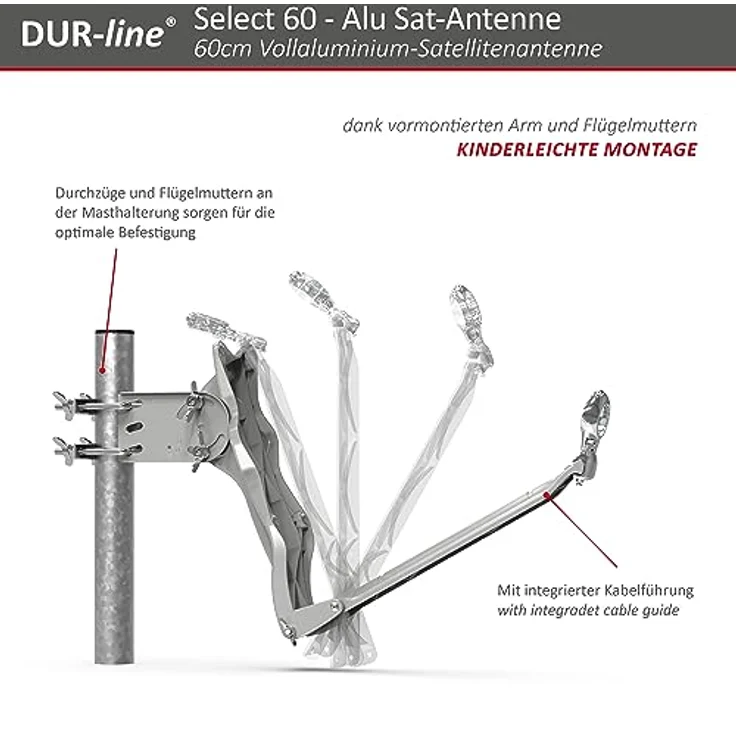 DUR-line 2 Teilnehmer Set - Qualitäts-Alu-Satelliten-Komplettanlage - Select 60/65cm Spiegel/Schüssel Anthrazit + Twin LNB - für 2 Receiver/TV [Neuste Technik, DVB-S2, 4K, 3D] – Bild 6