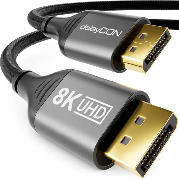 deleyCON 2m DisplayPort Kabel 1.4 (8K@60Hz 4K@165Hz 2K@360Hz) UHD WQHD HDR HDCP 2.2 - AMD FreeSync NVIDIA G-Sync - Grau Schwarz