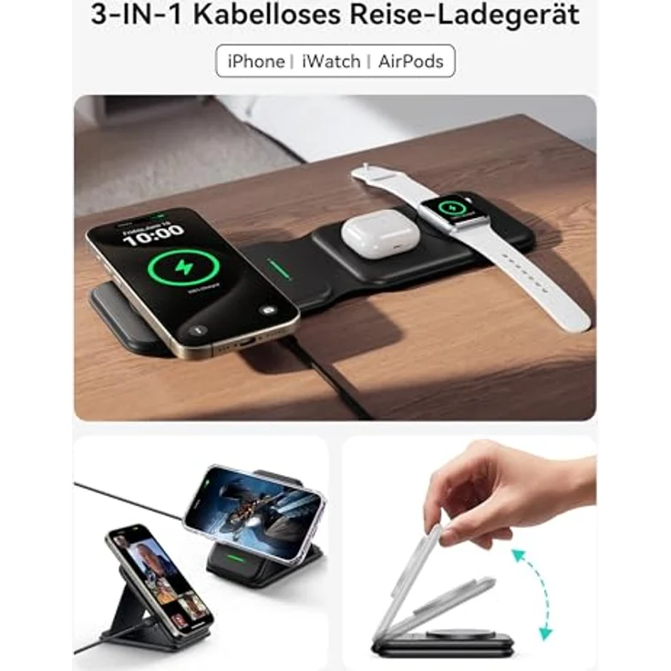 INIU 15W MagSafe Ladestation 3 in 1, Faltbares Wireless Charger Qi2-Zertifikat für iPhone 16/15/14/13/12, Apple Watch 9/8/7/6/SE, AirPods 4/3/Pro 2 (mit 20W Adapter und USB-C-Kabel) – Bild 2