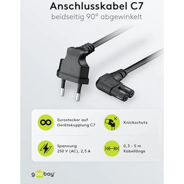 Goobay 97350 Euro Anschlusskabel beidseitig abgewinkelt, 2 m, Schwarz Eurostecker (Typ C, E 7-16) > Gerätebuchse C12 – Bild 3