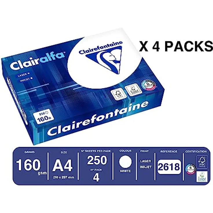 Clairefontaine 2618C - Karton mit 4 Ries Druckerpapier / Kopierpapier Clairalfa, extraweiß, DIN A4, 160g, 250 Blatt x 4, Weiß, 1 Karton - Hochweißes Druckerpapier mit seidiger Haptik, für gestochen scharfe Ausdrucke, hergestellt in Frankreich – Bild 3