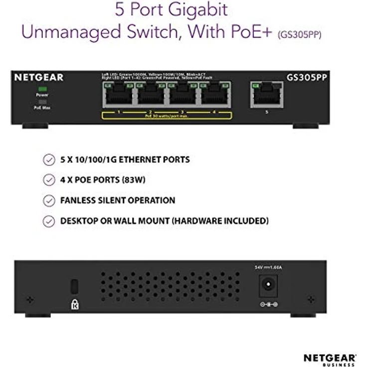 Netgear GS305PP 5 Port Gigabit Ethernet LAN PoE Switch (mit 4x PoE+ 83W, Plug-and-Play, für Desktop, robustes und lüfterloses Metallgehäuse) – Bild 2