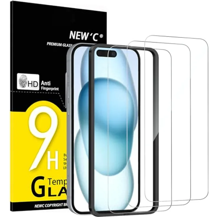 NEW'C Panzerglas für iPhone 16/15, 3 Stück, 9H Härte, HD, ultra-klar, kratzfest, 6,1 Zoll, einfaches Installationswerkzeug enthalten