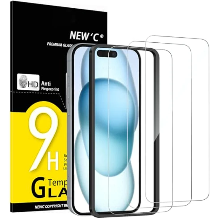 NEW'C Panzerglas für iPhone 16/15, 3 Stück, 9H Härte, HD, ultra-klar, kratzfest, 6,1 Zoll, einfaches Installationswerkzeug enthalten – Bild 1