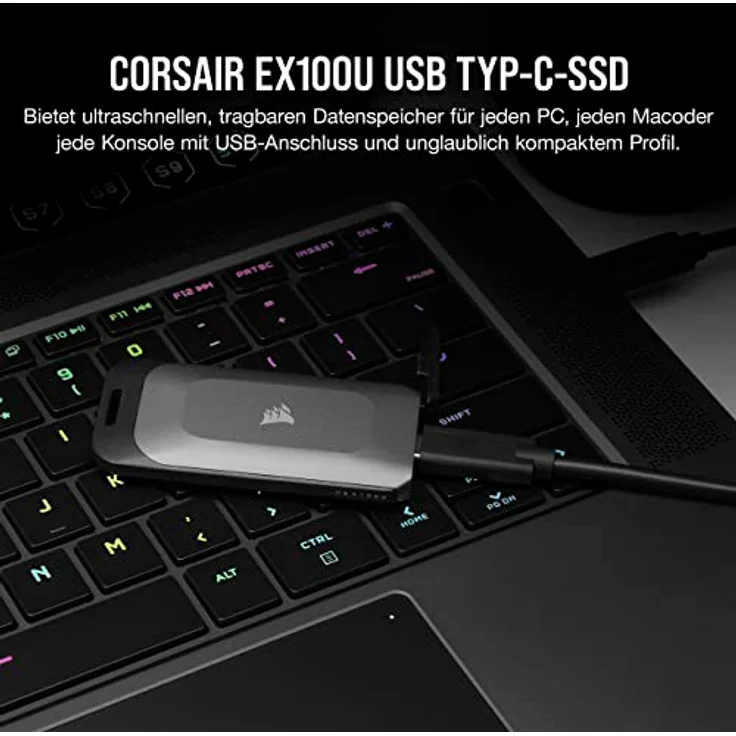 Corsair EX100U 2TB Tragbares USB Type-C-Datenspeicherlaufwerk - Ultraschnellen für jeden PC/Mac/Konsole, Gen2 x2, Plug-and-Play, Lieferumfang enthalten USB Type-C- und USB Type-A-Kabeln - Schwarz – Bild 2