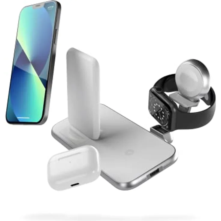 ZENS Stand+Watch 2x10W Aluminium 4in1 kabelloses Ladegerät (Apple & Samsung Fast Charging, Qi/MFi-Zertifiziert, Netzteil + Kabel inklusive) Weiß