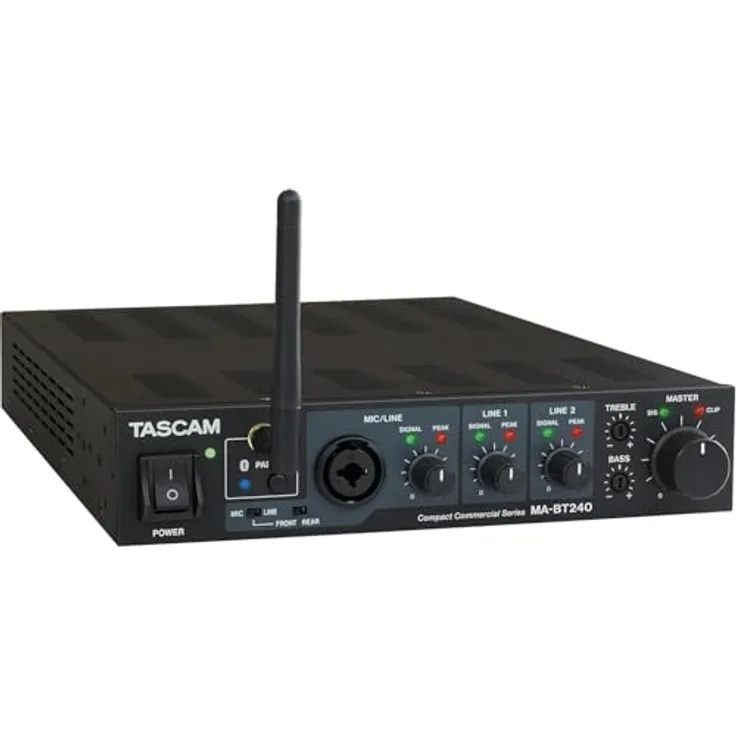 Tascam MA-BT240, 240W Mischverstärker mit Bluetooth-Streaming und integrierter Mischfunktion, kompakte Rackmontagegröße