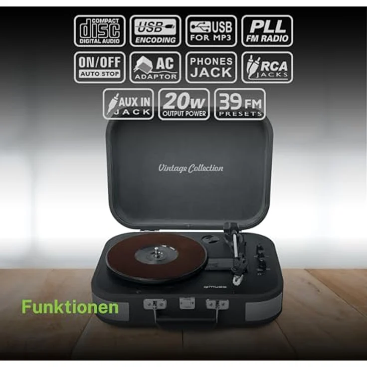 Muse MT-201 Retro Plattenspieler mit Bluetooth, eingebaute Stereo Lautsprecher und USB (RCA-Ausgang, AUX-Eingang, Kopfhöreranschluss), grau – Bild 7