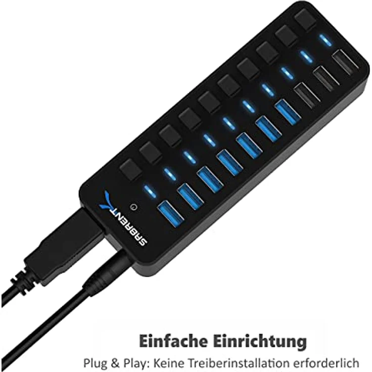 SABRENT USB Hub aktiv 3.2 gen1 + netzteil 60W 10port (7 USB hub 3.2 + 3 USB 2) USB Adapter mehrfach Verlängerung, USB Verteiler, Powered USB hub, mit EIN/AUS Schaltern, fur PS5, PC, MacBook (HB-B7C3) – Bild 3