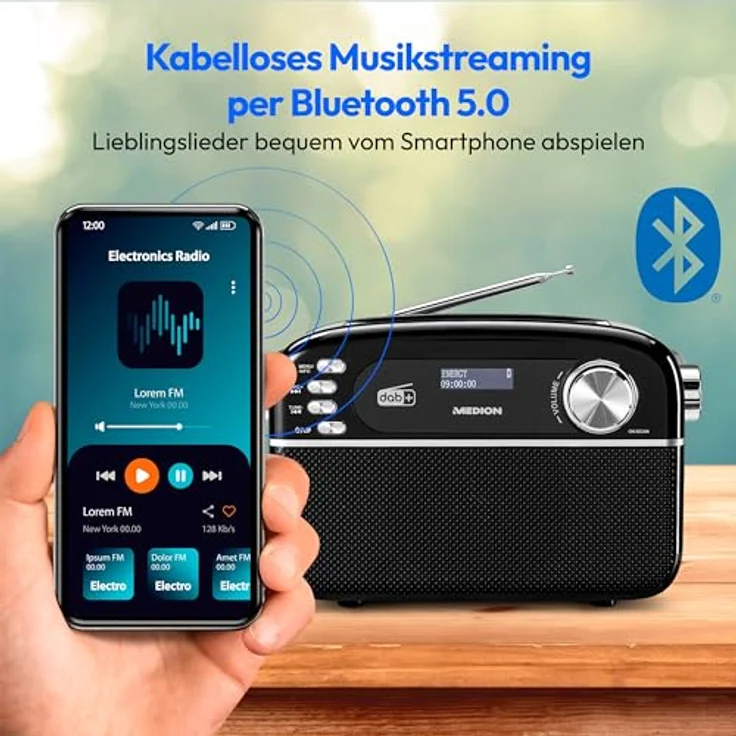 MEDION E66809 DAB Plus tragbares Solar Radio (Retro Design, Bluetooth, DAB+ UKW, integrierter Akku, Schwarz) – Bild 3