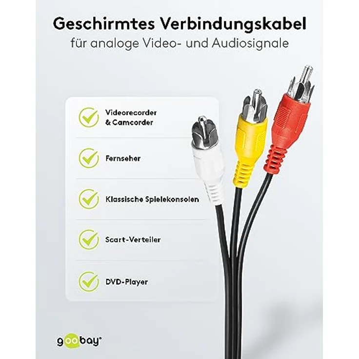 Goobay 50382 Composite Cinchkabel 3m / 3x Cinch-Stecker auf 3x Cinchstecker / RCA Kabel geschirmt / Subwoofer Kabel Blu Ray Verstärker HiFi / Cinch Kabel 3m / Schwarz – Bild 4