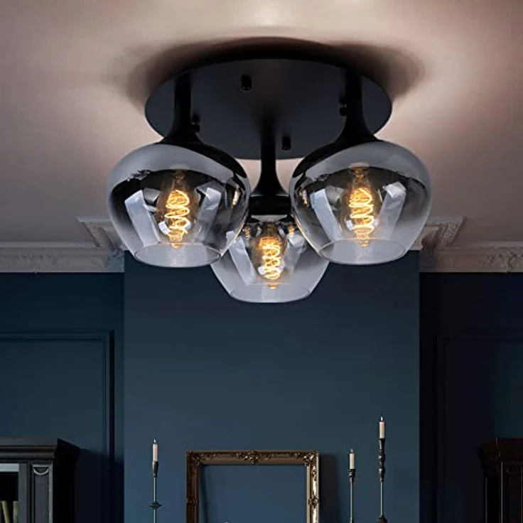 Globo Deckenleuchte Rauchglas Esszimmerleuchte rund Glaskugel Schlafzimmer, Metall schwarz, 3x E27, DxH 45x25,5 cm – Bild 2