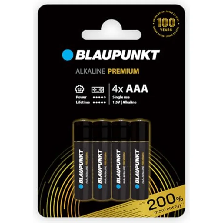 BLAUPUNKT Premium AAA Alkalibatterien Packung mit 4, ideal für Gamecontroller und Spielsachen, LR03BPR/4CP, 10 Jahre Batteriestromschutz, plastikfreie Verpackung