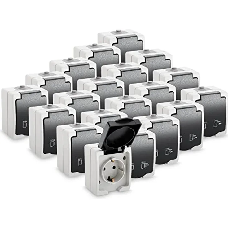 greate 20x Aufputz Steckdose 1fach für Feuchtraum - AP Steckdose mit Klappdeckel IP44, 250V, 16A, 2 polig - Aufputzsteckdose grau, spritzwassergeschützt, für Keller, Garage und Außenbereich