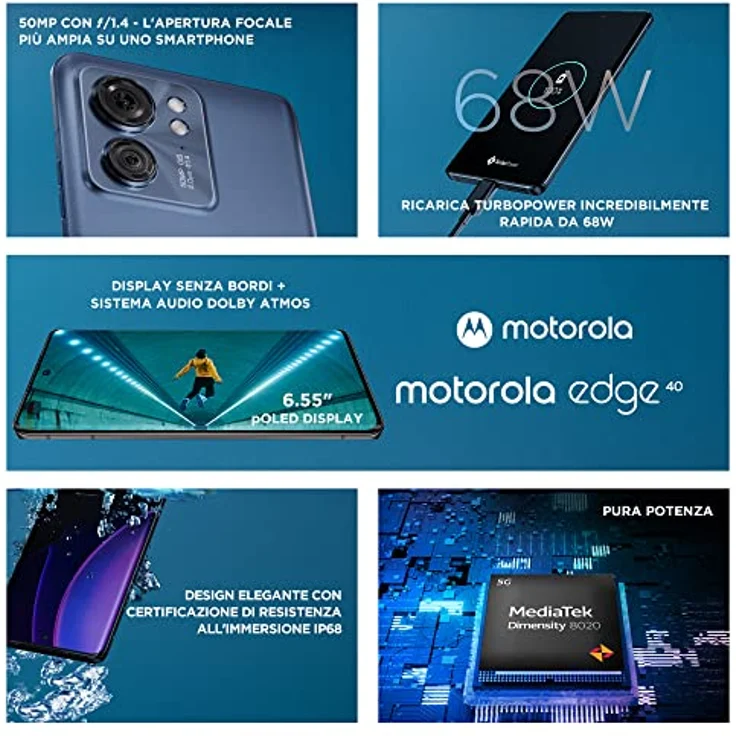 Motorola Edge 40 5G 256GB/8GB RAM Dual-SIM lunar-blue, Smartphone mit 144 Hz pOLED FHD+ Display, 50 MP Kamera und 68 W Schnellladung – Bild 5