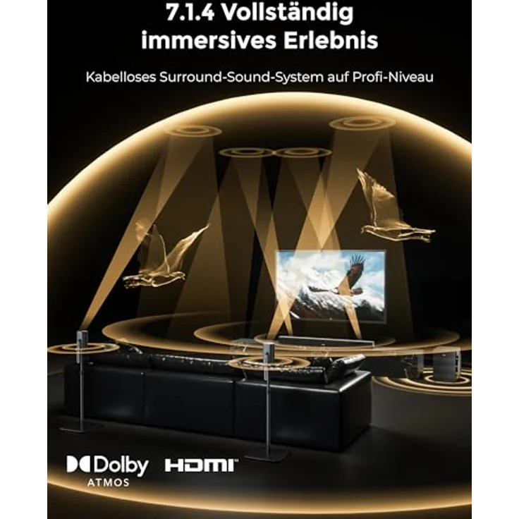 ULTIMEA Skywave X70, 7.1.4ch Kabelloses Surround Sound System mit Dolby Atmos, 980W Soundbar, 10" Kabelloser Subwoofer, 20Hz Tiefer Bass, GaN Verstärker, 4K HDR Pass-Through, Metallgitter mit roségoldenen Akzenten – Bild 2
