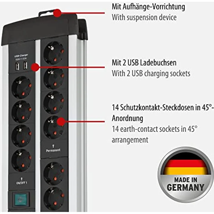 Brennenstuhl Premium-Protect-Line Gaming-Steckdosenleiste 14-fach mit 2x Schalter und Überspannungsschutz (Mehrfachsteckdose mit 3m Kabel, 2-fach USB 3,1 A, Made in Germany) – Bild 2