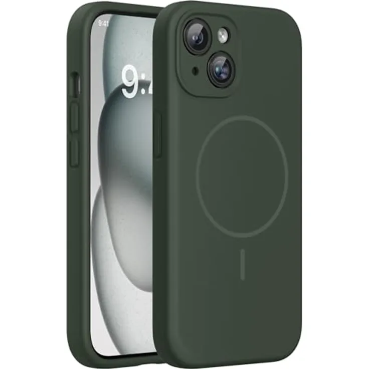 miracase iPhone 15 Hülle mit MagSafe, Flüssigsilikon mit kratzfestem Mikrofaser-Innenfutter, Dunkelgrün, stoßfest und langlebig