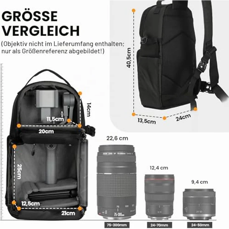 TARION TR-S Kameratasche Sling, wasserabweisende Schultertasche für DSLR/SLR mit Regenschutz, 9L Volumen, Schwarz – Bild 5