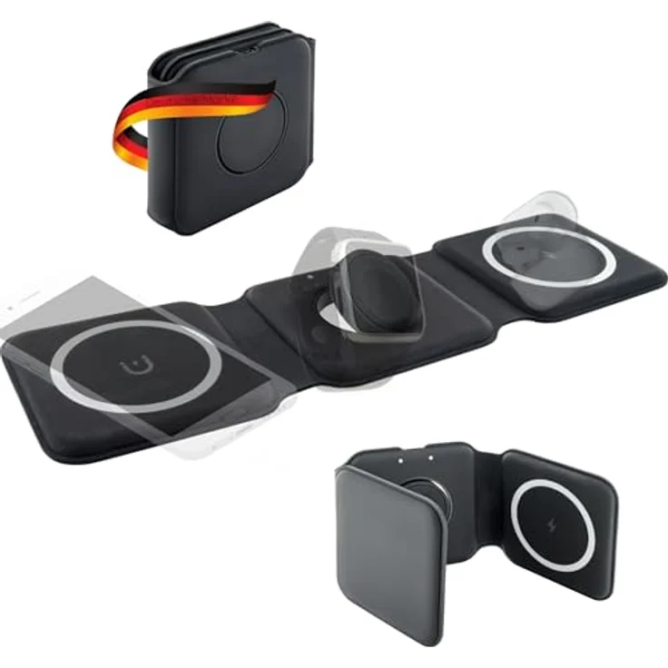 SCHWAIGER LISM0031 Ladestation QI Wireless Multicharge Ladeplatte, faltbar und klappbar, für Smartphone, iPhone, Smartwatch, Apple Watch und AirPods, mit Magnet-Ladefläche und Multischutzsystem – Bild 1