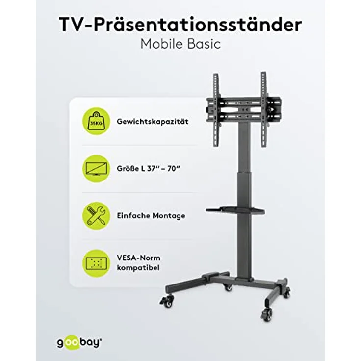 Goobay 59507 Mobiler TV Ständer rollbar / 37“ - 70“ (94-178 cm) Monitor & Fernseher Standfuss/Fernsehständer mit Rollen/TV Bodenständer höhenverstellbar/bis 35 kg/Schwarz – Bild 3