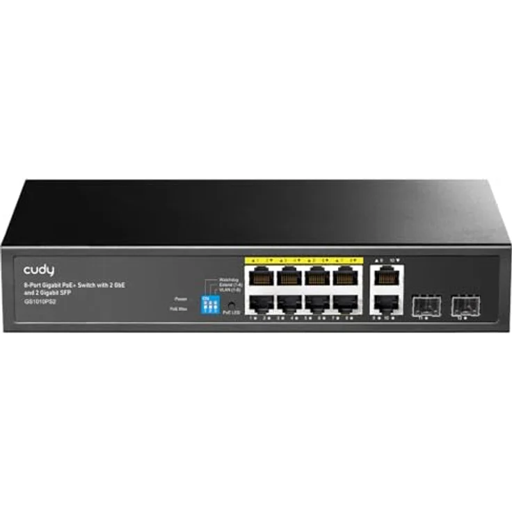 Cudy GS1010PS2, 8 Gigabit Ethernet Unmanaged PoE+ Switch mit 120W, 8 PoE+ Ports, 2 SFP, 2 Uplink-Ports, VLAN/Extend-Modus, 802.3af/at