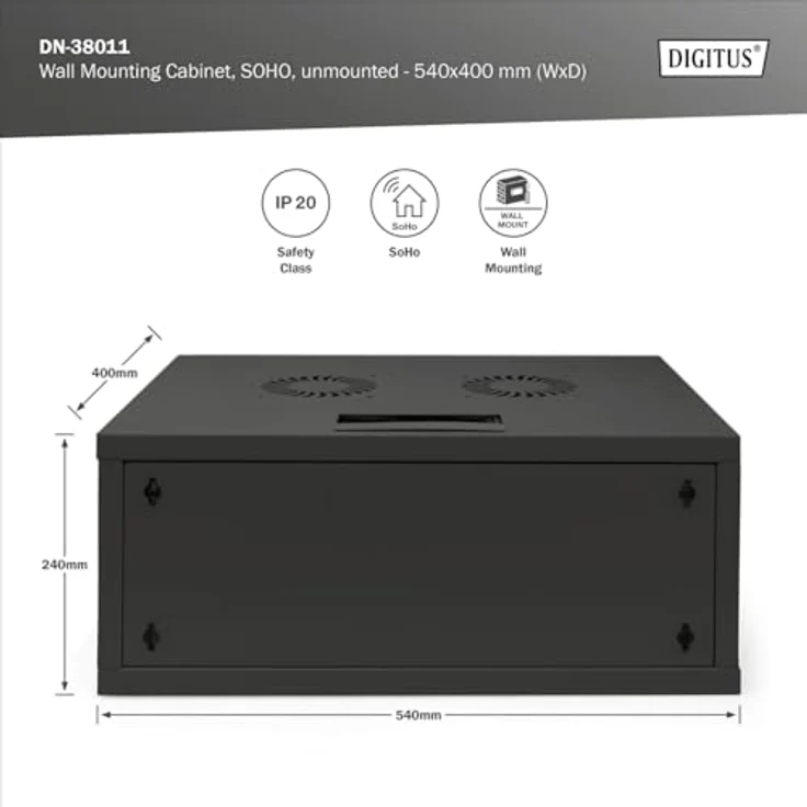DIGITUS Netzwerkschrank - 19-Zoll Rack 4 HE - Unmontiert - Wandmontage - 400 mm Tiefe - Traglast 60 kg - Glastür - Schwarz – Bild 3