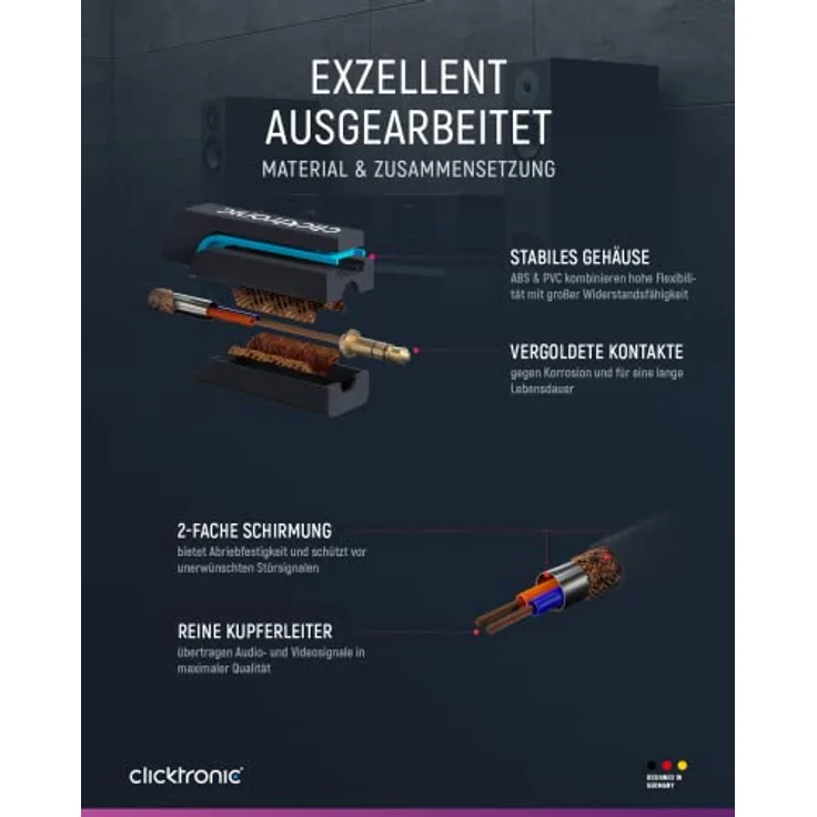 Clicktronic Casual Premium Stereo Audiokabel, 10m, Kupferleiter, doppelt geschirmt, 24-Karat vergoldete Kontakte, ideal für HiFi-Anlagen und Lautsprecher – Bild 3