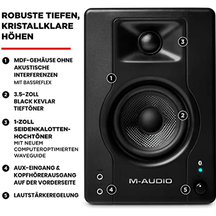 M-AUDIO BX3BT, 3.5-Zoll Studio-Monitore mit Bluetooth, 120W Bi-Amp, MDF-Gehäuse, Bassreflex-Design, Paar – Bild 4
