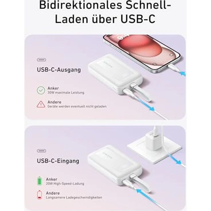 Anker Powerbank 10.000mAh, Zolo Power Bank 30W High-Speed portables Ladegerät mit integriertem USB-C Kabel, Schnelllade-Akkupack für iPhone 16/15 Modelle, MacBook, Galaxy, iPad - Schwarz – Bild 5