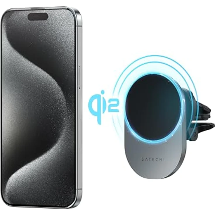 SATECHI Qi2 Kabelloses Auto-Ladegerät, Reisefreundliche Handyhalterung, 15W Schnellladegerät für iPhone 12-16, Silber – Bild 2