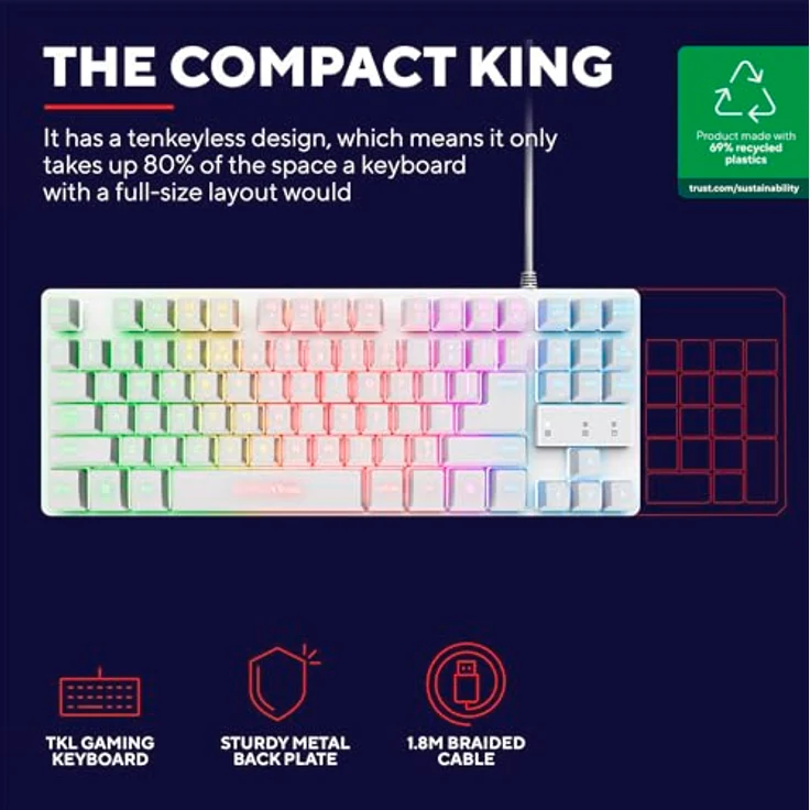 Trust Gaming GXT 833W Thado TKL Gaming Tastatur, Metallgehäuse, Anti-Ghosting, LED-Beleuchtung - Weiß – Bild 2