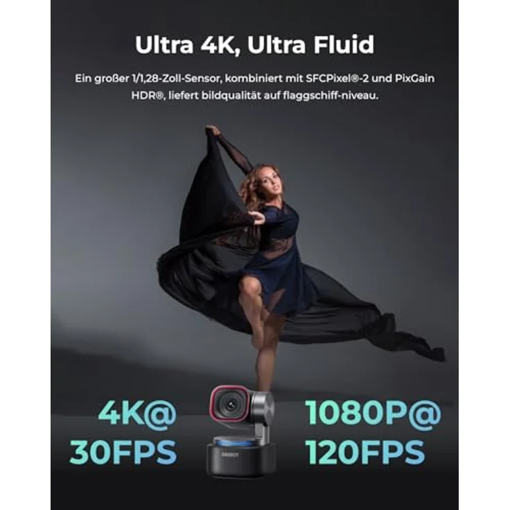 OBSBOT Tiny 3, KI-Webcam 4K mit AI Tracking, PTZ Kamera, 1/1,28" Sensor, Tri-Mic, Sprach- & Gestensteuerung, 120FPS, HDR für PC, Laptop & Streaming – Bild 2