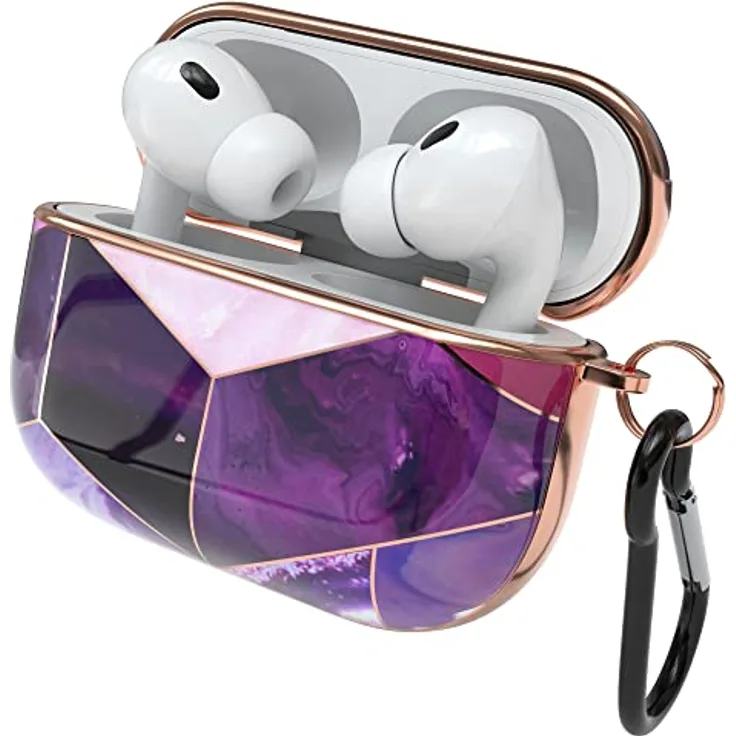 EAZY CASE - Schutzhülle für AirPods Pro 2 Hülle in Lila Marmor, Stoßfest mit Karabiner und Antikratz-Etui, rutschfestes Hardcase