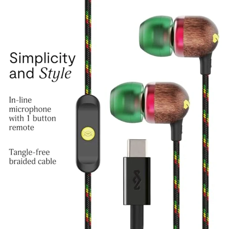 Marley House of Smile Jamaica, kabelgebundene USB-C In-Ear-Kopfhörer mit 9,2-mm-Treibern, verwicklungsfrei, integriertes Mikrofon, Rasta-Design, nachhaltig gefertigt – Bild 2