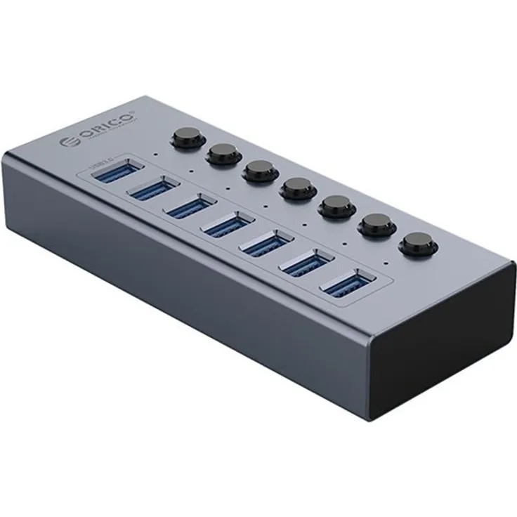 ORICO BT2U3-7AB Hub, 7x USB-A 3.0 mit Schaltern, grau, Aluminium-Gehäuse, bis zu 5 Gbps Datenübertragung
