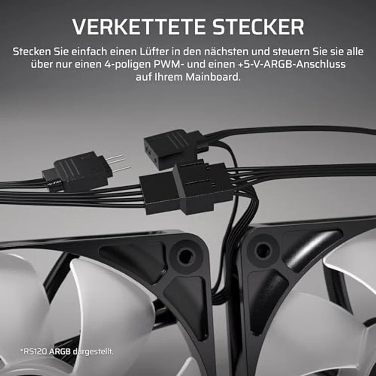 Corsair RS120-R ARGB 120-mm-PWM Gehäuselüfter, 5 ARGB-Reverse-Lüfter mit hohem statischen Druck, Daisy-Chain-Schaltung, magnetischem Domlager, Zero-RPM-Modus – Dreierpack – Weiß – Bild 6