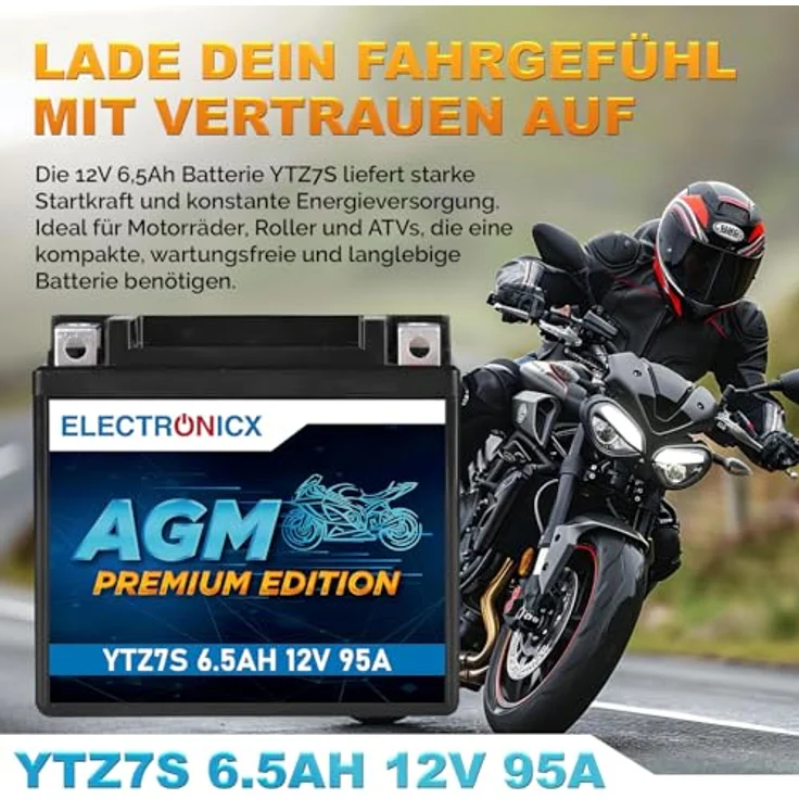 Electronicx YTZ7S AGM Motorradbatterie 6.5Ah 12V - wartungsfrei, auslaufsicher, rüttelfest für Motorrad, Roller, Quad und ATV – Bild 2