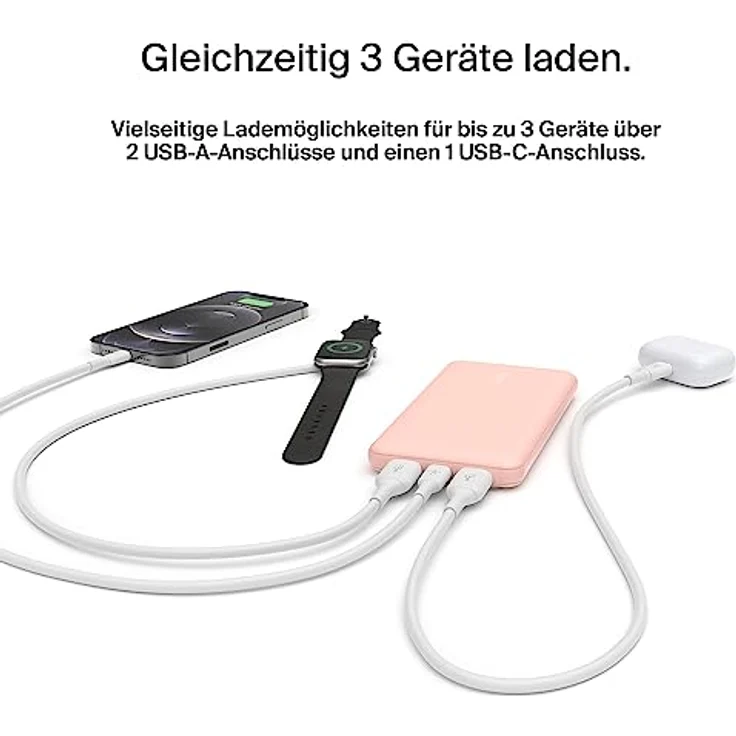 Belkin USB-C-Powerbank (10.000 mAh, 1 USB-C-Port und 2 USB-A-Ports zum Laden von iPhone, AirPods, iPad, Android- oder Anderen Geräten mit bis zu 15 W) - Roségold – Bild 3