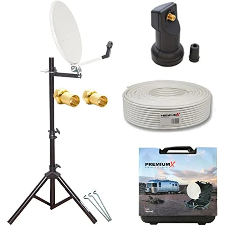 PREMIUM X Camping Satelliten Koffer, Mobil Single LNB mit 10m Kabel, Hellgrau, Dreibein Stativ schwarz, Digital HDTV UltraHD 4K tauglich – Bild 1