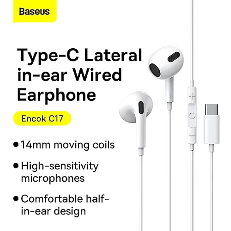 Baseus Encok C17 USB-Typ-C In-Ear-Kopfhörer mit Mikrofon, weiß, ergonomisches Design, integrierte Steuerung – Bild 4