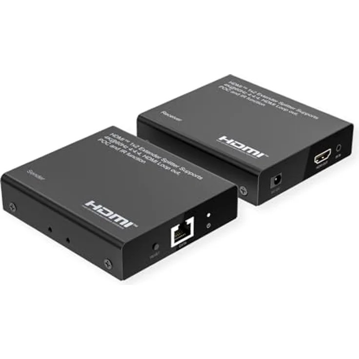 ROLINE HDMI Extender und Splitter, 1x2, über Kat.6A, 70m, 4K60Hz, in stabilem Metallgehäuse