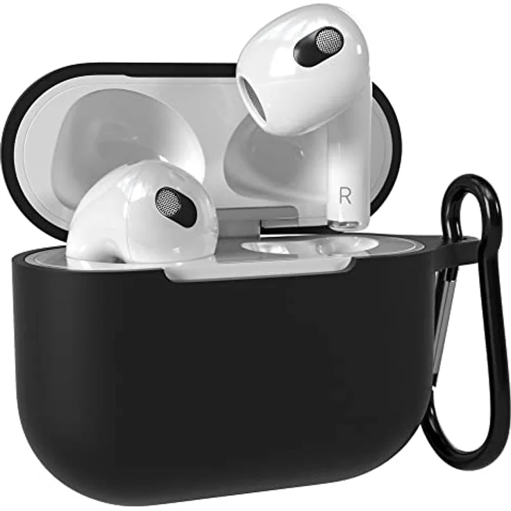 EAZY CASE Silikon Schutzhülle für AirPods 3 Schwarz Stoßfest mit Karabiner - Antikratz Etui, rutschfeste Hülle, wireless charging-fähig – Bild 1