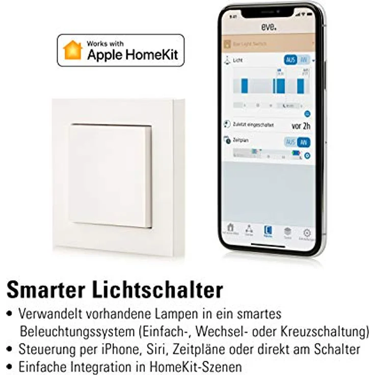 Eve Light Switch - Smarter Lichtschalter mit Apple HomeKit Technologie, Kompatibilität für Mehrfachschalter, integrierte Zeitpläne, anpassbares Design – Bild 2