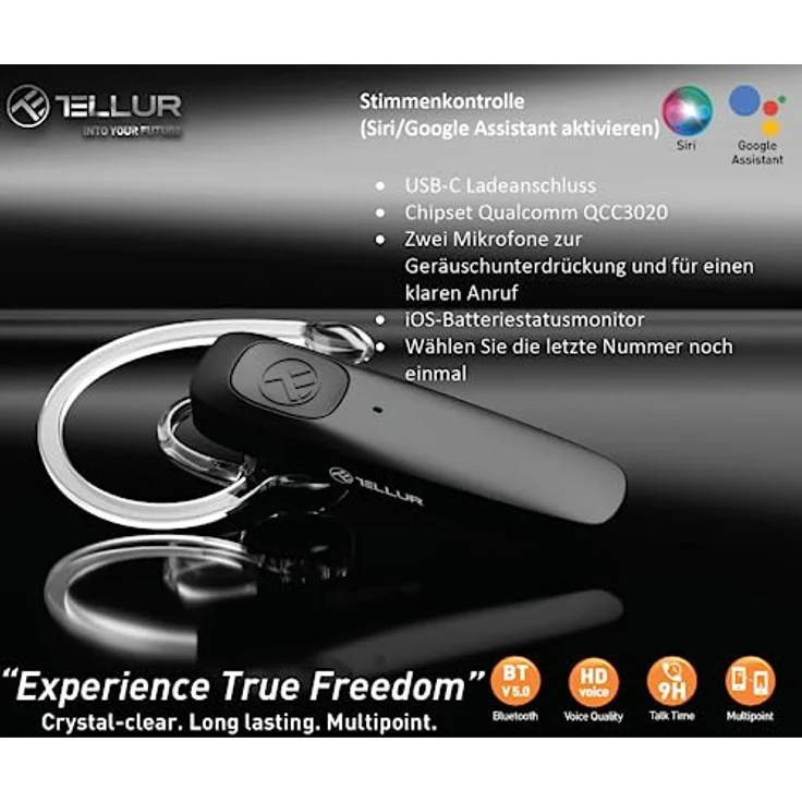 Tellur Vox 155 Black, Bluetooth Headset mit Aktiver Geräuschunterdrückung und 9h Akkulaufzeit, Kabellos, Schwarz – Bild 5