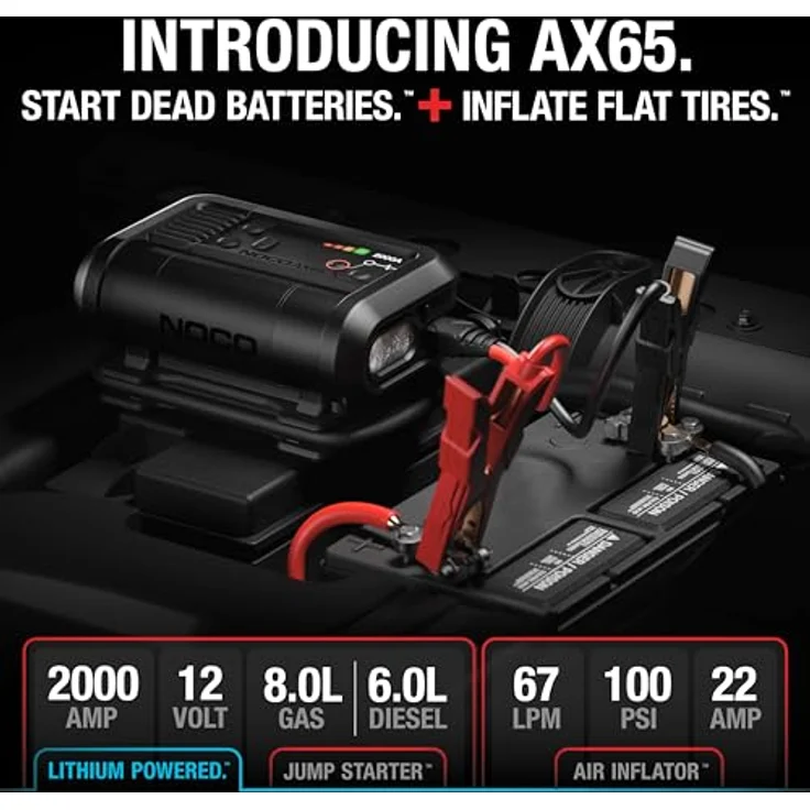 NOCO Boost+Air AX65, 2000A Starthilfe-Powerbank mit 100 PSI Kompressor, startet 8,0L Benzin & 6,0L Diesel, digitaler Drucksensor, USB-C Power Delivery, inklusive Zubehör – Bild 2