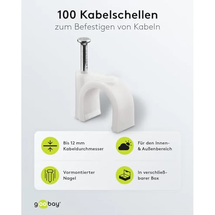 Goobay 17083 Kabelschelle für Kabel mit Kabeldurchmesser bis max. 12,0 mm weiß (100 Stück) – Bild 2