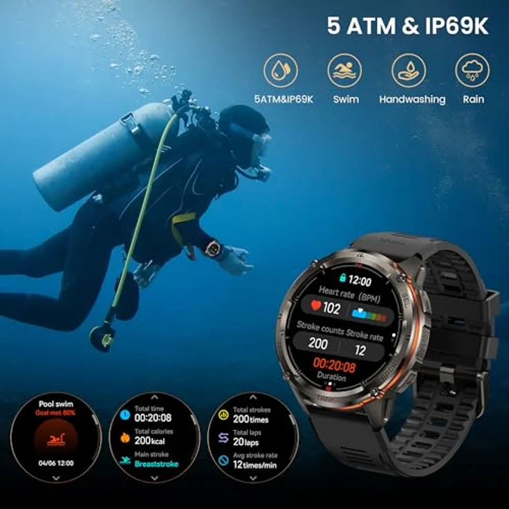 Kospet Smartwatch Tank T3 Ultra 2, robuste Smartwatch mit AMOLED-Display, 170+ Sportmodi, MIL-STD-810H zertifiziert, schwarz – Bild 8